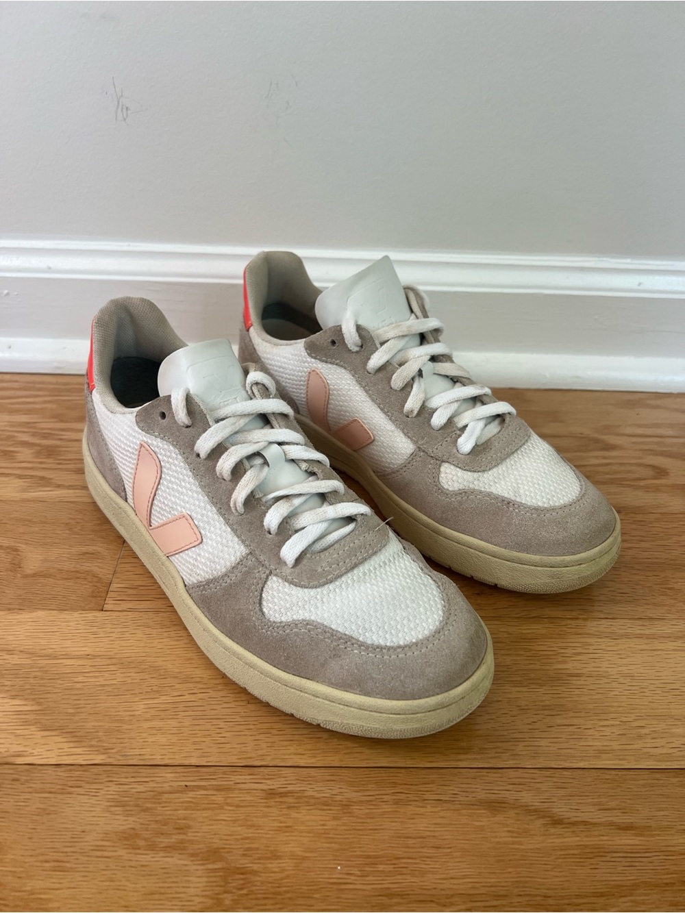 VEJA V-10 Mesh/Suede Low-Top Sneakers in White/Petal Pink/Fuo Orange